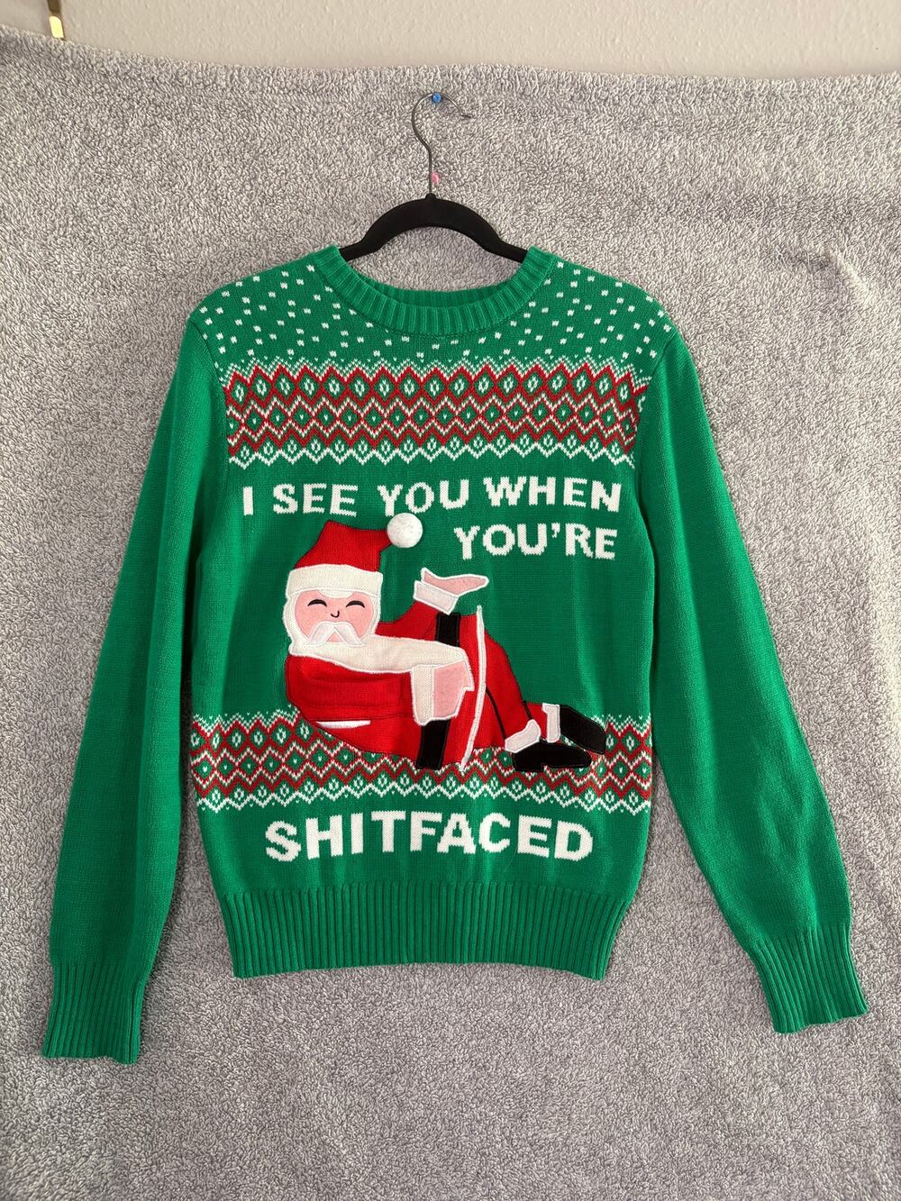 Spencers M Ugly Christmas Sweater Shitfaced Santa Beer Pocket